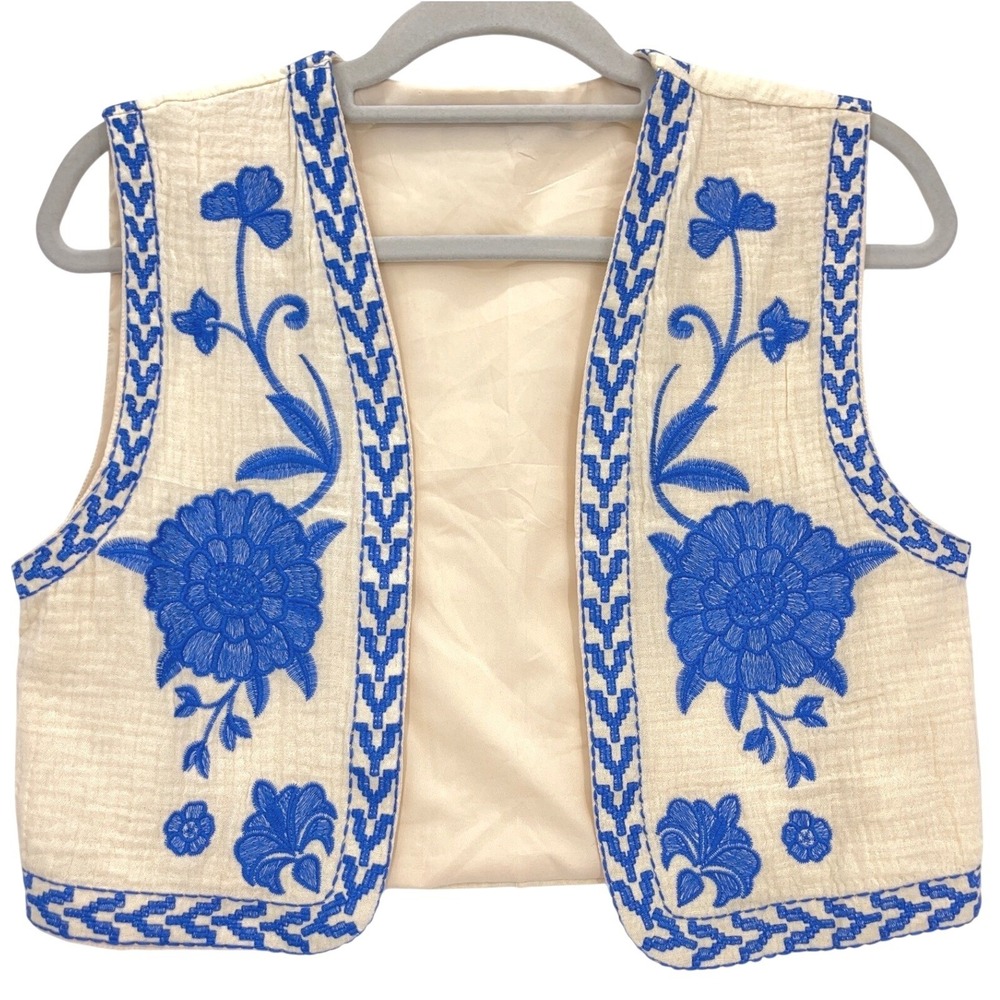 Boho Embroidered Waistcoat Vest Small Cream Blue Folk Floral Gauze Festival Top